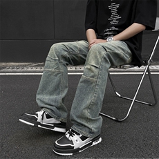 得物品质夏款男牛仔裤微喇叭弯刀渐变色拼接宽松长裤NK946P50，男装牛仔裤，星座1013-1