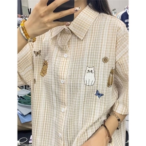 女上衣小衫夏季美式学院风敲好看cozyfit小猫刺绣显白短袖复古风图片