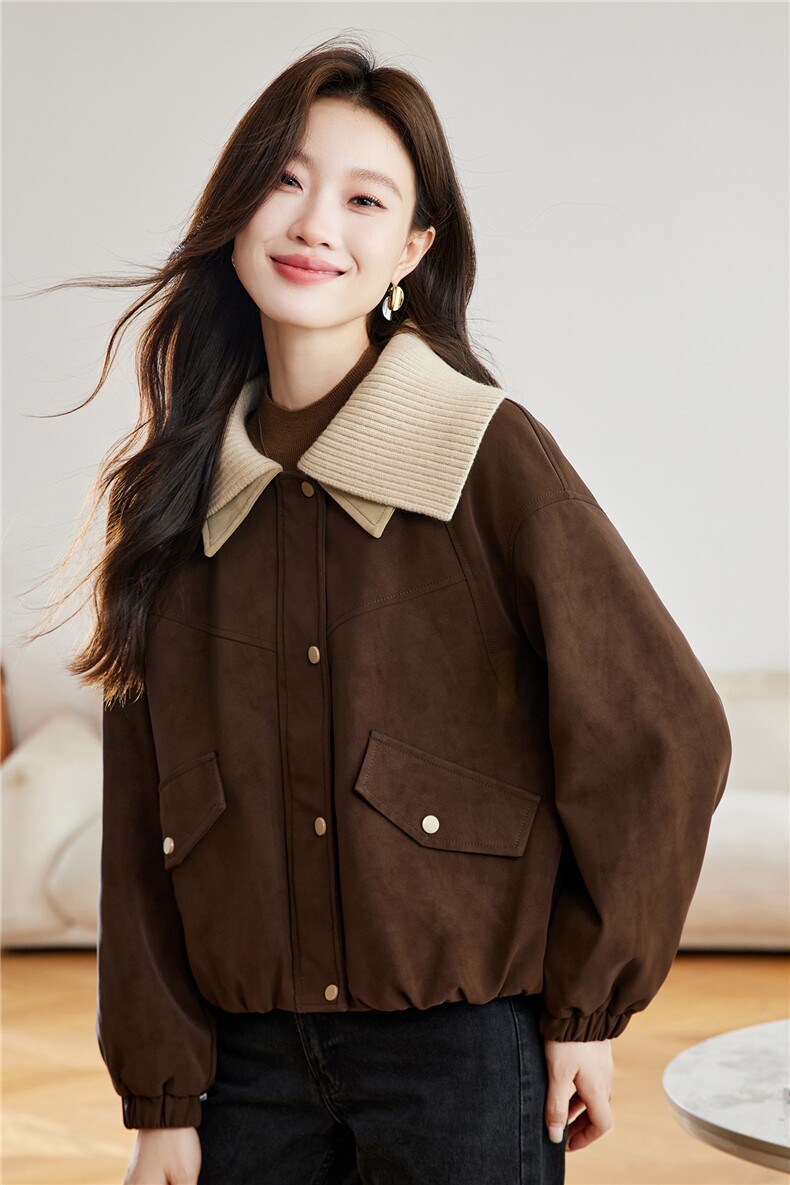 复古咖色加绒加厚鹿皮绒外套女2025秋冬新款洋气减龄针织翻领棉服,女装棉衣/棉服,慕咨