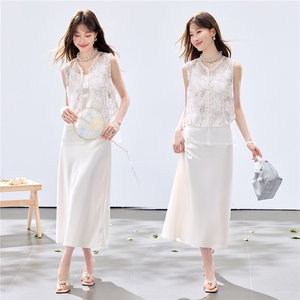 夏季新款现货！2026小清新重工盘花珍珠亮片马甲+珍珠缎面长裙女图片