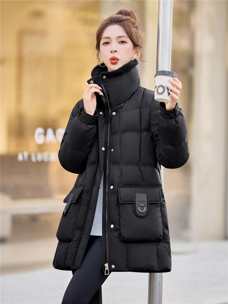 羊羔毛翻领中长款白鸭绒羽绒服女2025冬季新款休闲加厚保暖,女装羽绒服,余墨