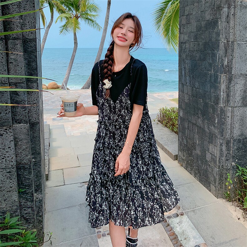 法式桔梗碎花吊带裙套装女2025夏季新款宽松显瘦T恤连衣裙两件套图片