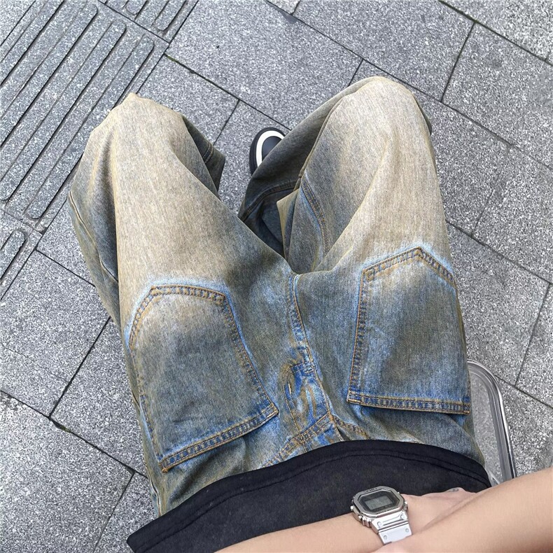 废土风牛仔裤男反面口袋设计感宽松直筒阔腿裤1001-1-GN607-P53,男装牛仔裤,星座1001-1