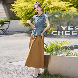 时髦天丝牛仔衫上衣外套+A字中长款半身裙套装两件套通勤职场女夏图片