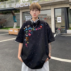 可48小时发货支持抖音得物来样二开美式满天星亮片短袖T恤MTX715，男装T恤，电商A486-1