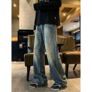 水洗做旧直筒宽松牛仔裤男春秋季美式高街潮流长裤痞帅直筒裤图片