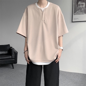 8XL-M重磅斜纹假两件短袖t恤男夏季薄款宽松大码半袖体恤DT006P45图片