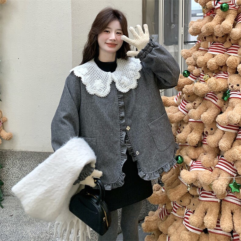 灰色蕾丝娃娃领羽绒服内胆女短款2025冬季新款独特设计感保暖外套,女装羽绒服,2C239