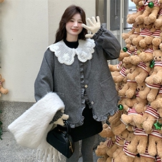 灰色蕾丝娃娃领羽绒服内胆女短款2025冬季新款独特设计感保暖外套，女装羽绒服，2C239
