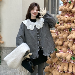 灰色蕾丝娃娃领羽绒服内胆女短款2025冬季新款独特设计感保暖外套图片