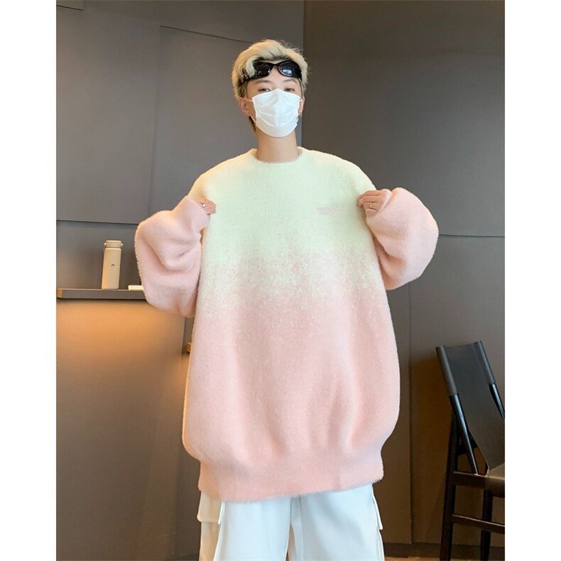 秋冬新款粉色渐变套头毛衣女慵懒风设计感小众水貂毛宽松针织上衣,男装针织衫/毛衣,星座1210-1
