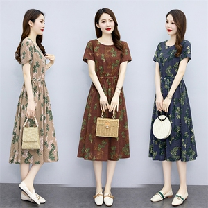 时尚印花连衣裙女夏季2025新款气质收腰显瘦复古休闲舒适棉麻裙子