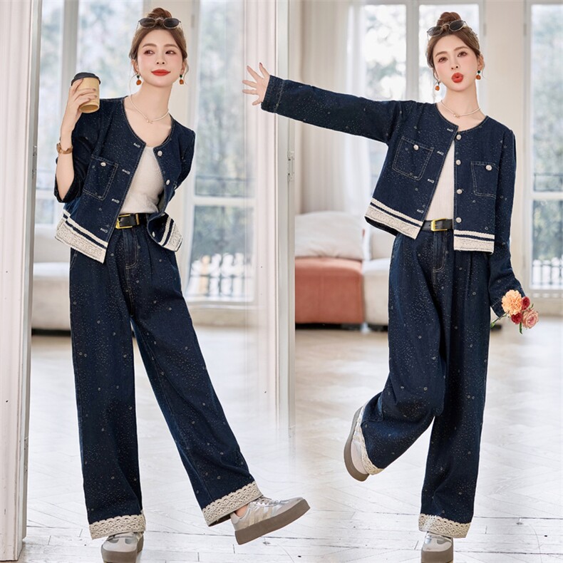 复古蕾丝拼接一整套牛仔穿搭女春欧货韩系气质设计感阔腿裤两件套，女装套装/套裙，悠米