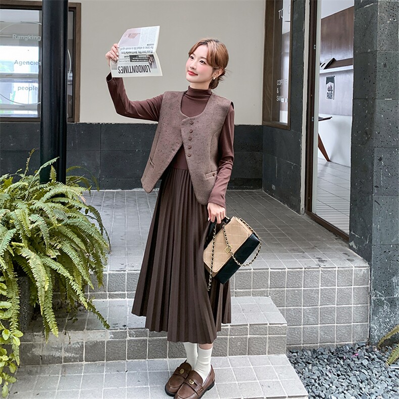 咖色高级感毛呢套装裙女2025秋季新款韩系马甲拼接连衣裙两件套,女装套装/套裙,2C285
