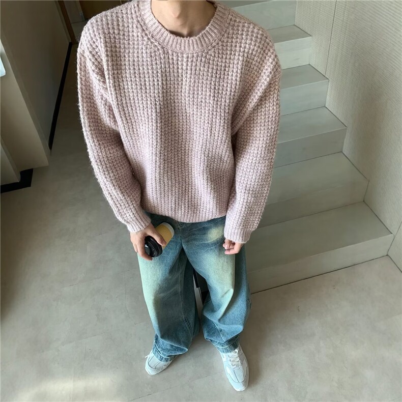 1506/QM880/P49秋冬日系复古休闲宽松百搭简约华夫格针织衫,男装针织衫/毛衣,星座1506