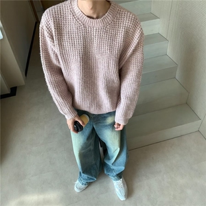 1506/QM880/P49秋冬日系复古休闲宽松百搭简约华夫格针织衫图片