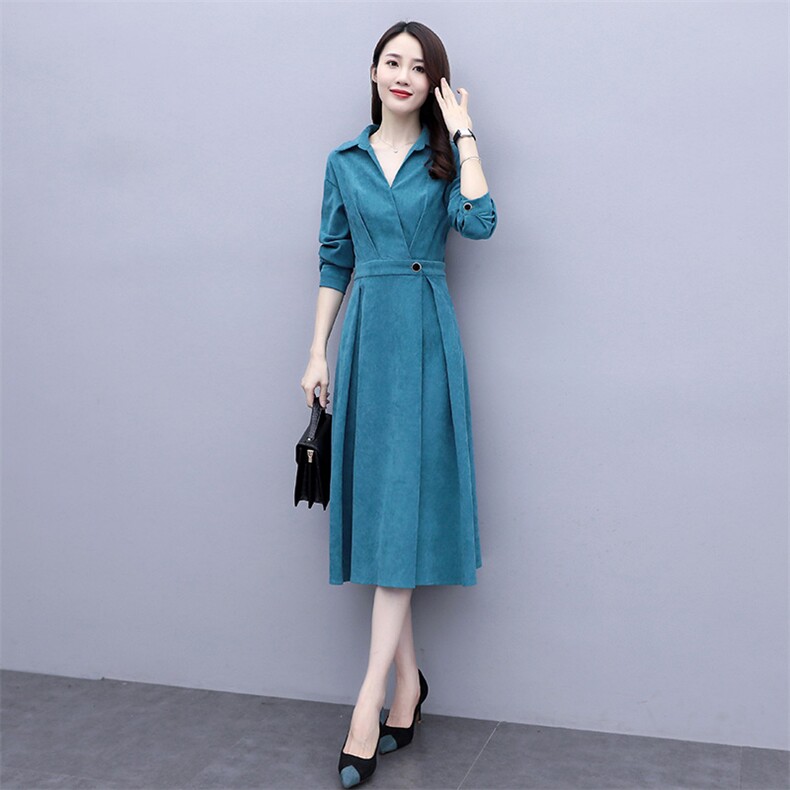 2021春秋季新款优雅时尚气质V领连衣裙,女装连衣裙,岚衣(原川流布茜）