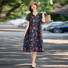 复古印花短袖棉质连衣裙女2025夏季新款收腰显瘦妈妈洋气减龄裙子，女装连衣裙，依万里