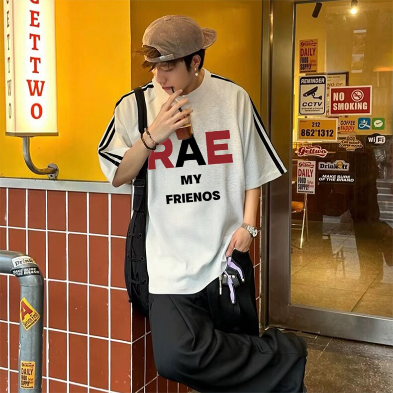 抖音得物高品质二开240克宽松纯棉美式潮牌三条杠织带短袖T恤，男装T恤，电商A486