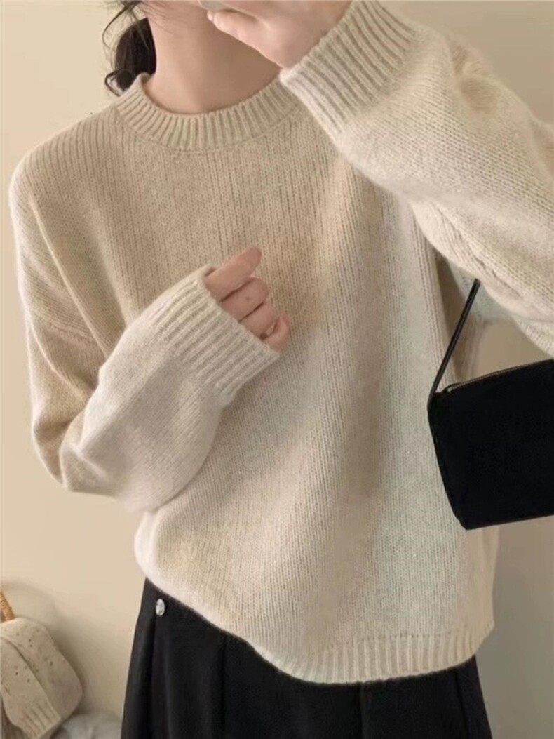 新款韩版宽松显瘦圆领套头针织毛衣女秋冬百搭软糯上衣,女装羊毛衫,思途羊绒