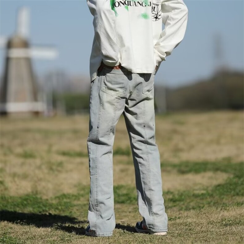 复古毛边拼接牛仔裤男ins直筒高街潮hiphop阔腿长裤K672P43,男装牛仔裤,星座1116-2