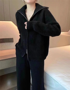 韩系翻领短款加厚外穿毛衣女秋冬双拉链针织衫独特超好看气质上衣图片