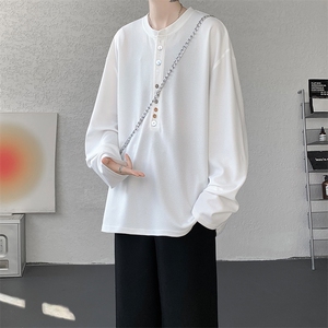 8XL-M 慵懒肌理感华夫格廓形云母贝纽扣长袖T恤打底长袖CX3006P48图片
