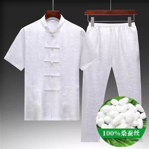 夏款高端唐装套装薄款绸缎男装休闲男上衣图片