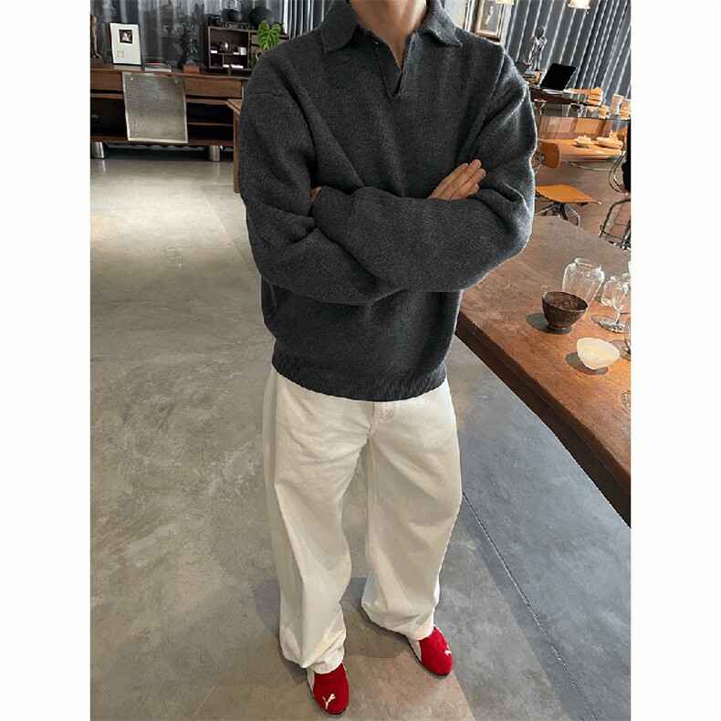 重磅秋冬北极绒亨利领毛衣开衫美式复古休闲慵懒风纯色翻领针织衫，男装针织衫/毛衣，电商A486-1