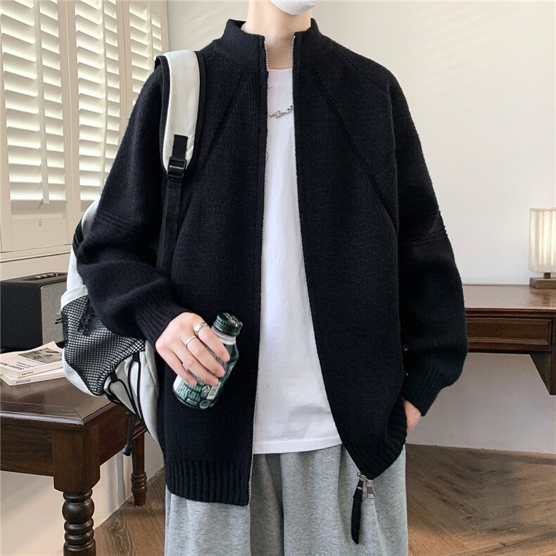 秋冬慵懒百搭纯色拉链休闲宽松毛衣针织立领开衫XZ212-QMY617-P68,男装针织衫/毛衣,星座212