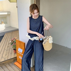 休闲气质花边无袖牛仔阔腿裤套装女夏2025新款子大方得体两件套，女装套装/套裙，2C283