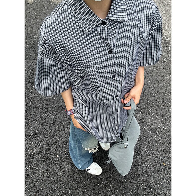 格子衬衫春夏美式短袖衬衫港风情侣装休闲衬衣CS286-P30,男装T恤,星座301C-5