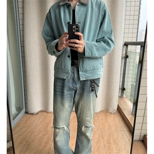 复古工装水洗帆布夹克翻领撞色网红高街个性男牛仔外套JK826图片