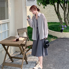 灰色防晒衬衫吊带连衣裙套装女夏2025新款显瘦赫本风绝美爆款长裙，女装套装/套裙，莘蕾