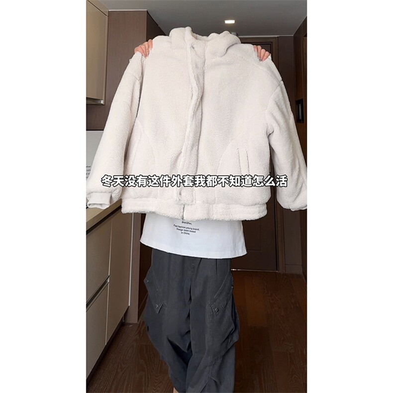 美式羊羔绒加绒加厚保暖连帽外套宽松潮流百搭纯色棉袄HY676TP98,男装棉衣,电商A102B