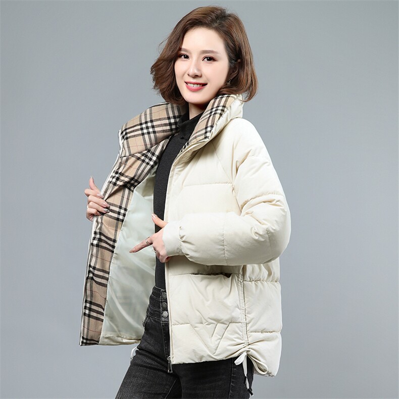 立领格子拼接棉服女短款2021冬装新款韩版宽松面包服冬季外套,女装棉衣/棉服,伊满意