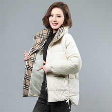 立领格子拼接棉服女短款2021冬装新款韩版宽松面包服冬季外套，女装棉衣/棉服，伊满意