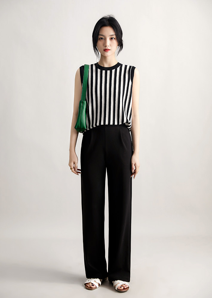 时尚复古黑白条纹冰爽丝针织背心显瘦百搭清凉夏季必备单品，女装背心吊带，恒旺羊绒