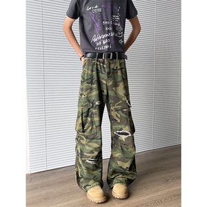 美式水洗做旧迷彩割破宽松多口袋工装牛仔裤微喇男女潮N07627-P62图片