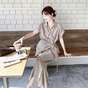 2026夏季法式亚麻短袖不规则系带衬衫阔腿裤套装女休闲两件套套裤图片