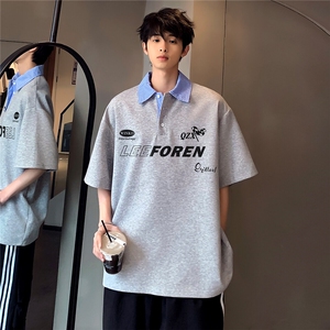 日系假两件夏季韩版衬衫领半袖高级感男生POLO衫T恤T330-P48图片