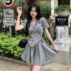 两件套不规则V领短袖T恤夏季韩版新款修身显瘦抽绳短款套装女，男装T恤，星座506A