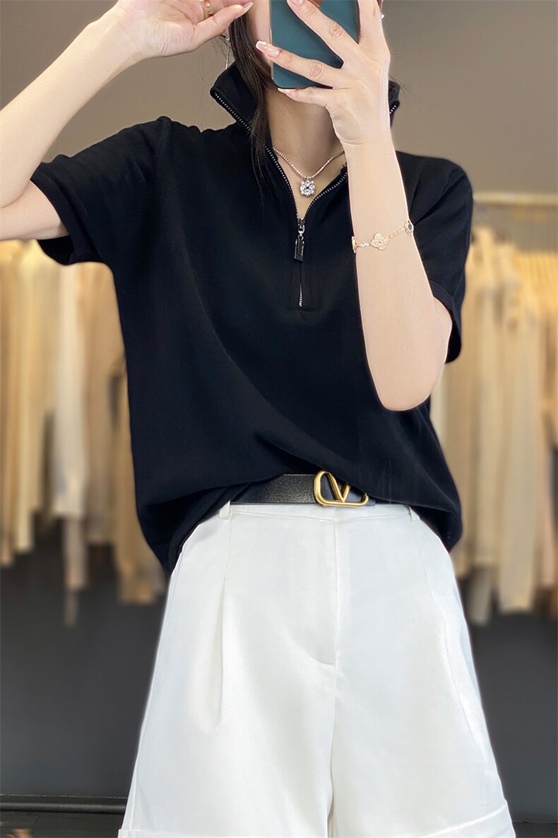 2025夏季拉链半开领短袖t恤女纯棉针织显瘦宽松气质翻领T恤上衣夏,女装T恤,丽特绒