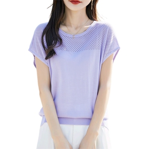 夏季100%天丝镂空针织短袖T恤女气质百搭圆领小飞袖T恤上衣打底薄图片