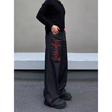 排扣直筒裤宽松刺绣牛仔裤美式高街直筒阔腿拖地长裤子NZG55，男装牛仔裤，星座516A