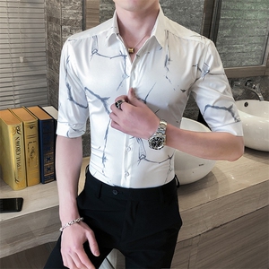 312A-254-P55 新款英伦韩版潮流中袖衬衫社会小伙五分袖衬衣白1图片