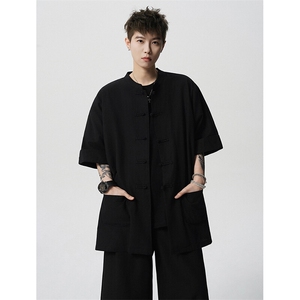 8XL-M 新中式衬衫男中山装麻棉风复古中袖衬衣唐装CS527P60图片