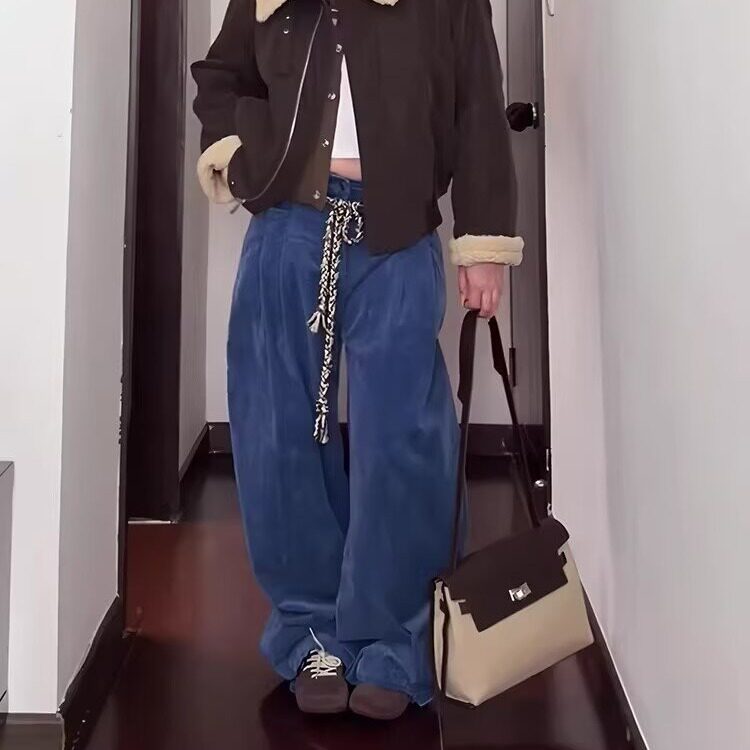 灯芯绒工装裤休闲裤男女美式复古秋冬可调节腰阔腿捏褶长裤图片