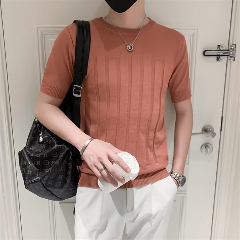 T恤时尚潮牌五分袖夏季圆领新款ins城市风貌冰丝针织短袖S242P35,男装T恤,星座1116-2