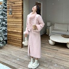 粉色千金感羽绒服外套半身裙套装女秋冬2025新款新中式刺绣两件套，女装羽绒服，2C259